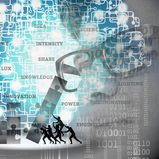 a person image in the background with interconnections on top and different motivational words and people raising a tower