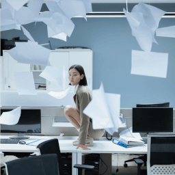 woman in an office on a desk with papers all around her